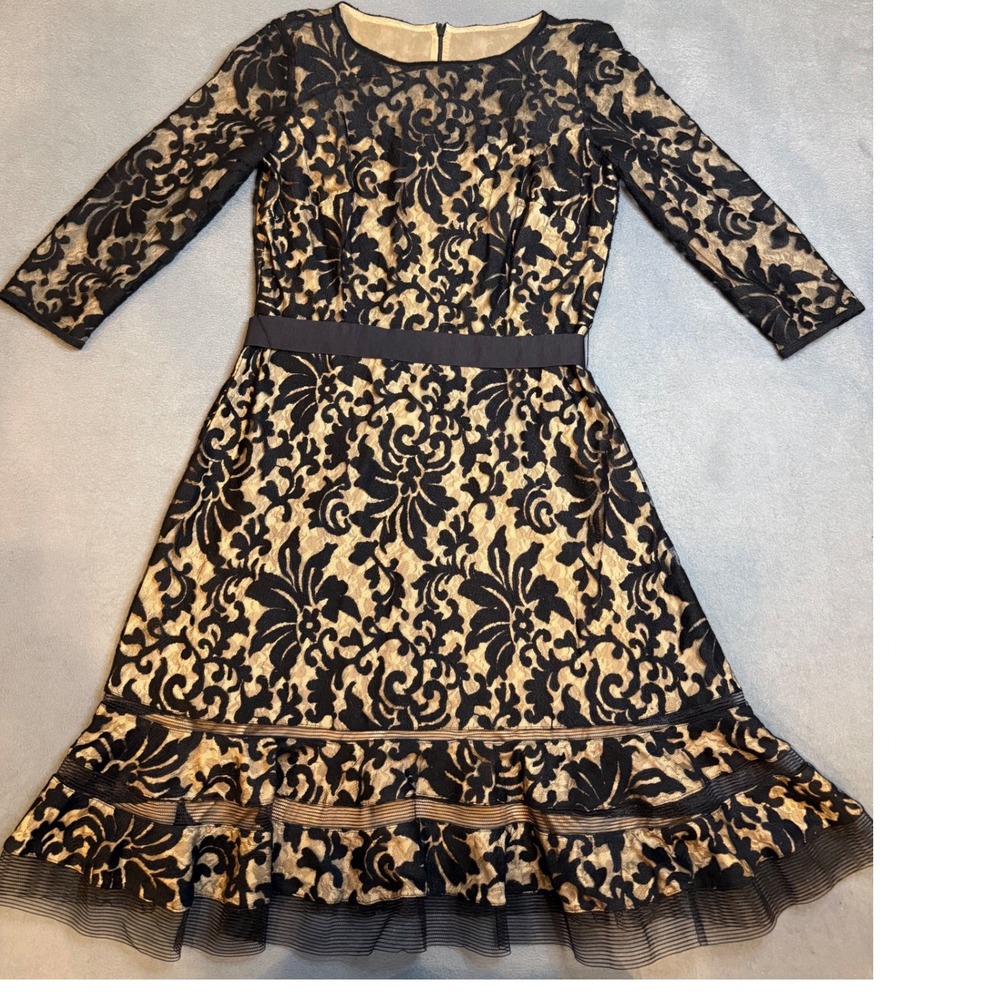 Tadashi Shoji Black Lace Nude Lining Fit Flare Cocktail Dress Size 12 Floral